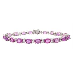 18ct white gold oval pink sapphire and round brilliant cut diamond bracelet, stamped 750, total sapphire weight approx 17.70 carat