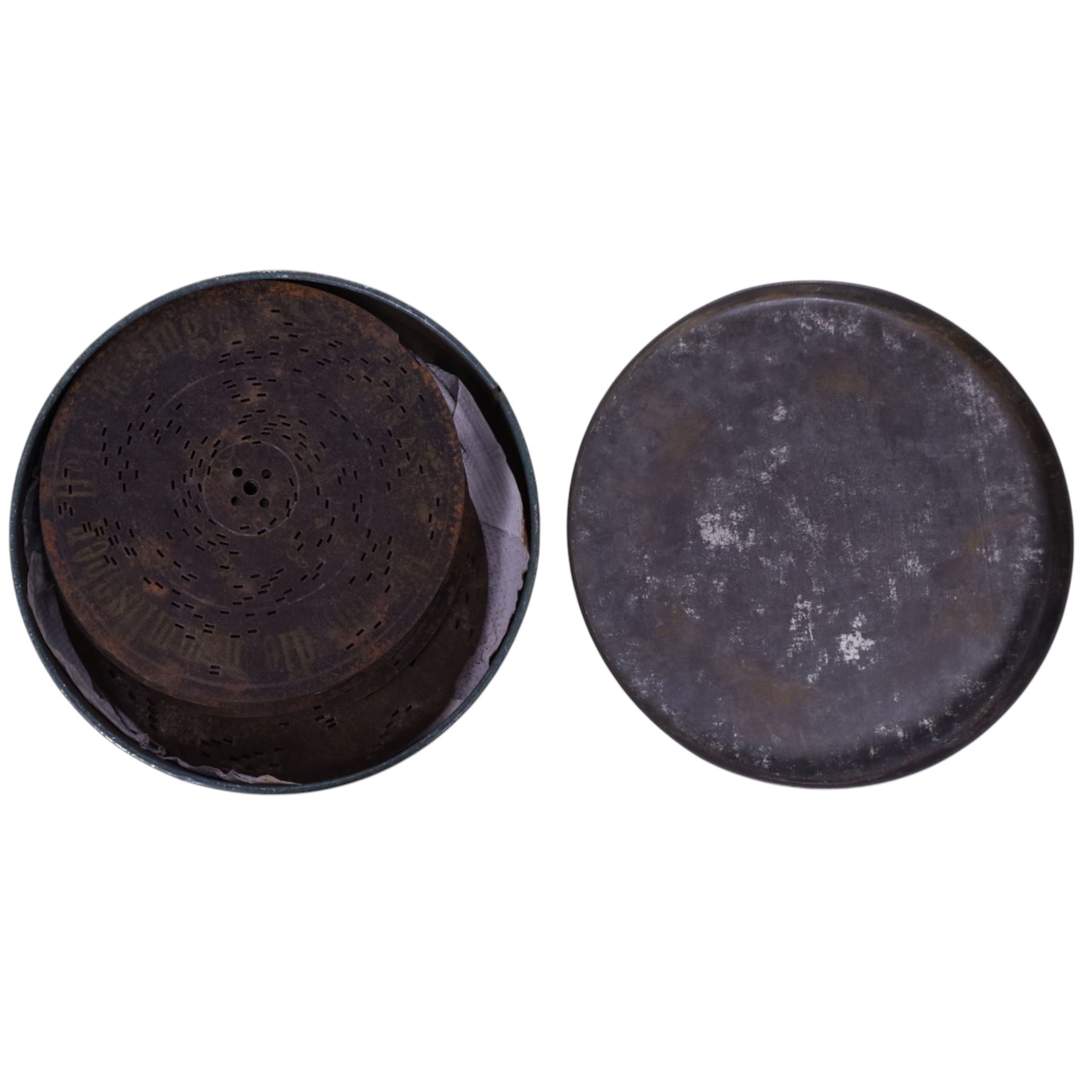 German late 19th century Polyphon, in a mahogany finished case with floral decoration to cover, serial no. 17707, with thirteen discs, H12.5cm, W20cm