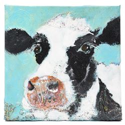 Ann Lamb (British 1955-): Cow, Pig and Rural Cottage, three mixed media signed 20cm x 20cm (3) (unframed)