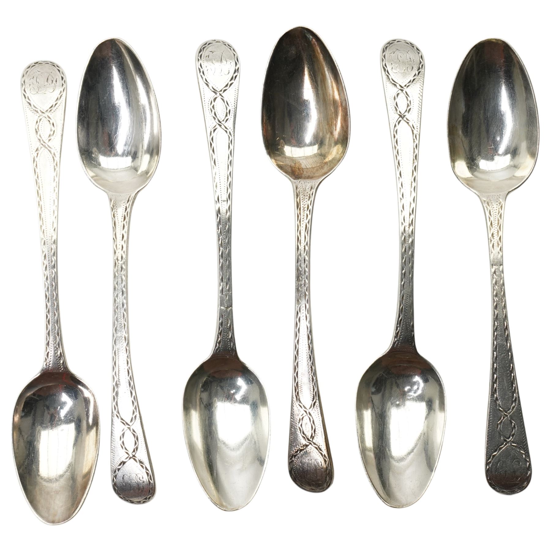 Set of six silver teaspoons with engraved stems, not hallmarked but test 925 standard  