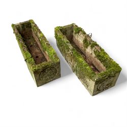 Pair of Yorkshire Rose weathered cast stone trough planters