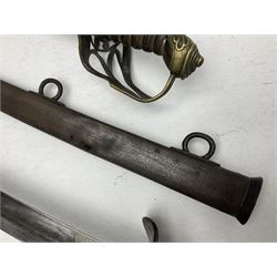 19th century Imperial German army heavy cavalry officers sword by Schnitzler and Kirschbaum, with 89cm single fullered steel blade and sheet steel basket hilt with teardrop cut-out and wire-bound leather grip L107.5cm overall; in steel scabbard with two suspension rings; and British Army 1822 Pattern Infantry Officer's sword in associated scabbard (2)