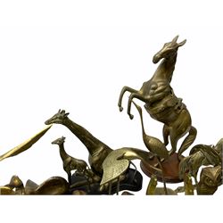Brass cast figure of a shire horse and gypsy caravan H18cm, a brass cast rearing horse on wooden plinth, together with a large collection of other bass animals. 