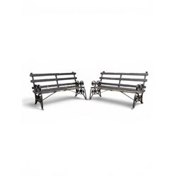 Coalbrookdale - rare pair of wrought iron and slatted wood garden benches, the twin wrough...