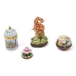 Staffordshire Enamels pomander, two Chelsea Bonbonnieres in the form of a Giraffe and rosebud, together with a Crummles Royal Mail enamel label holder (4)