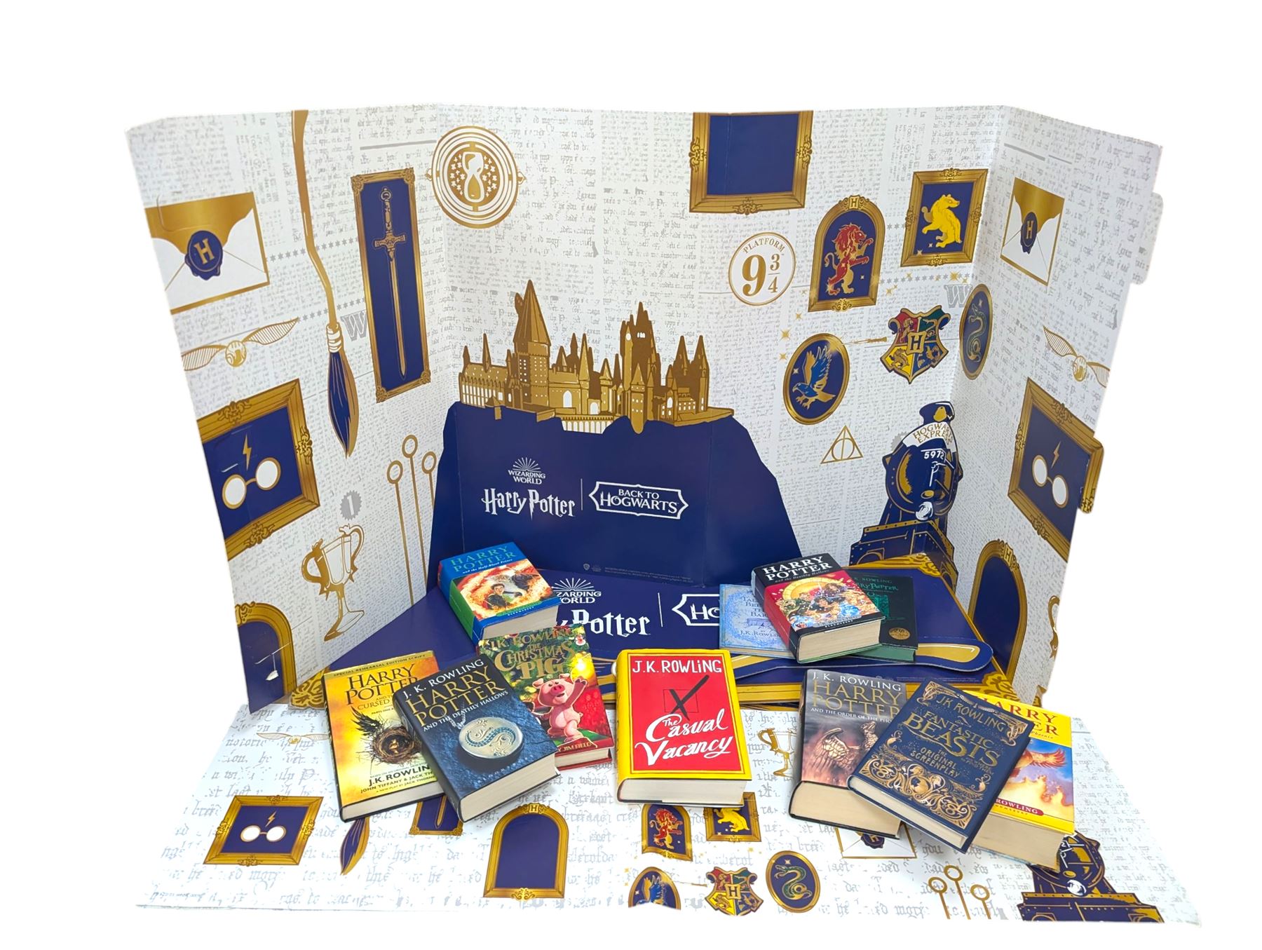Eleven JK Rowling books, comprising six Harry Potter books, including four first editions, Fantastic Beasts screen play, Harry Potter and the Cursed Child, Tales of Beedle the Bard, Casual Vacancy first edition, Christmas Pig First edition and a Harry Potter card board back drop