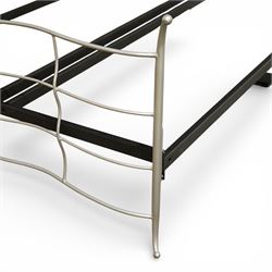 And So To Bed - ‘Verdi’ king size bed, with metal headboard and footboard formed with undulating silver painted metal horizontal bars and shaped uprights, on a black metal bed frame,