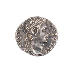Roman Empire - Augustus (27 BC-AD 14): Silver Denarius coin, obverse laureate head of Augustus right, reverse temple of Mars Ultor with cult statue within 'MAR-VS'; c.19-18 BC, attributed to Rome mint