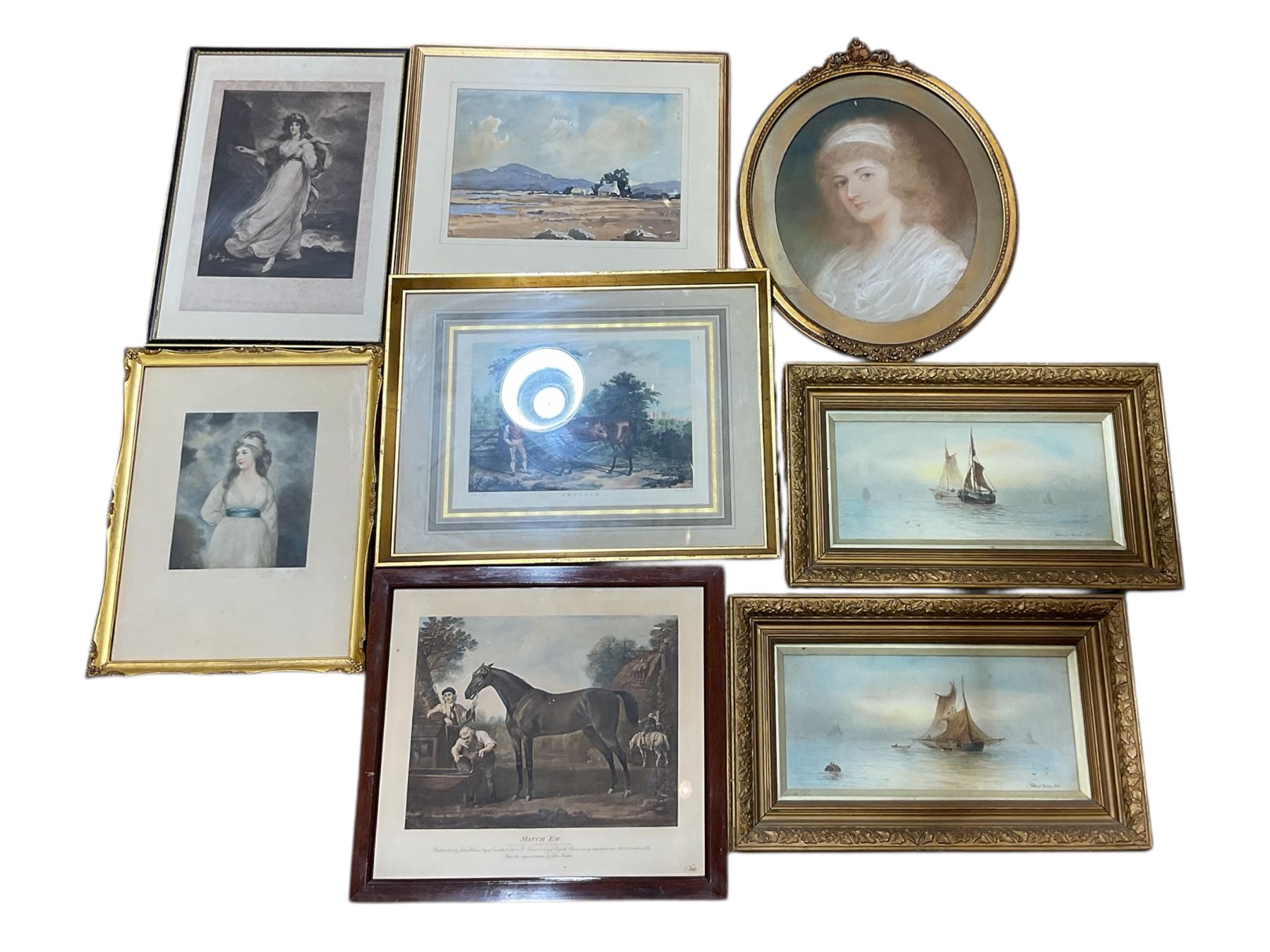19th century portrait pastel, pair of J Geldard Walton marine watercolours, mezzotint, etc