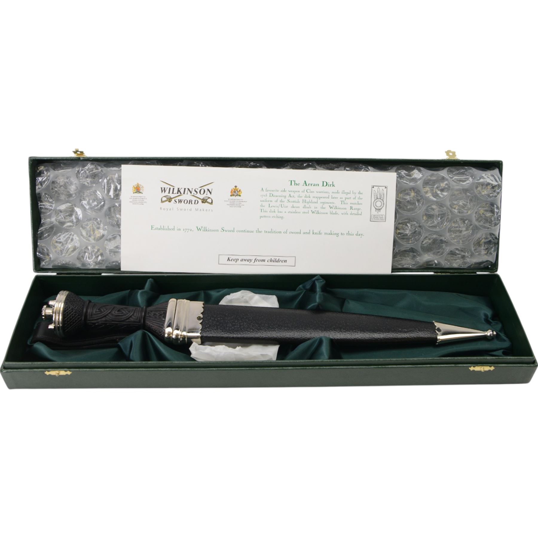 20th century Scottish Dirk, with Wilkinson Sword blade, with 29cm single edged etched blade, the leather sheath with white metal mounts in presentation box, overall L48cm 