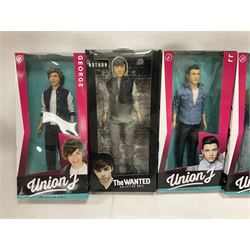 Sixteen Pop Artist collector's dolls comprising seven One Direction - Liam, Louis, Harry, two x Niall and two x Zayn; four Union J - Josh, JJ, Jaymi and George; two The Wanted - Nathan and Tom; Spice Girl Mel B; Justin Bieber; and Cody Simpson; all boxed with factory tie-downs (16)