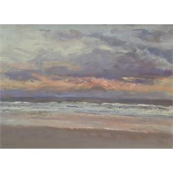 Neil Tyler (British 1945-): 'Stormy Sunrise' off the East Coast, oil on board signed, with a similar painting verso 31cm x 43cm