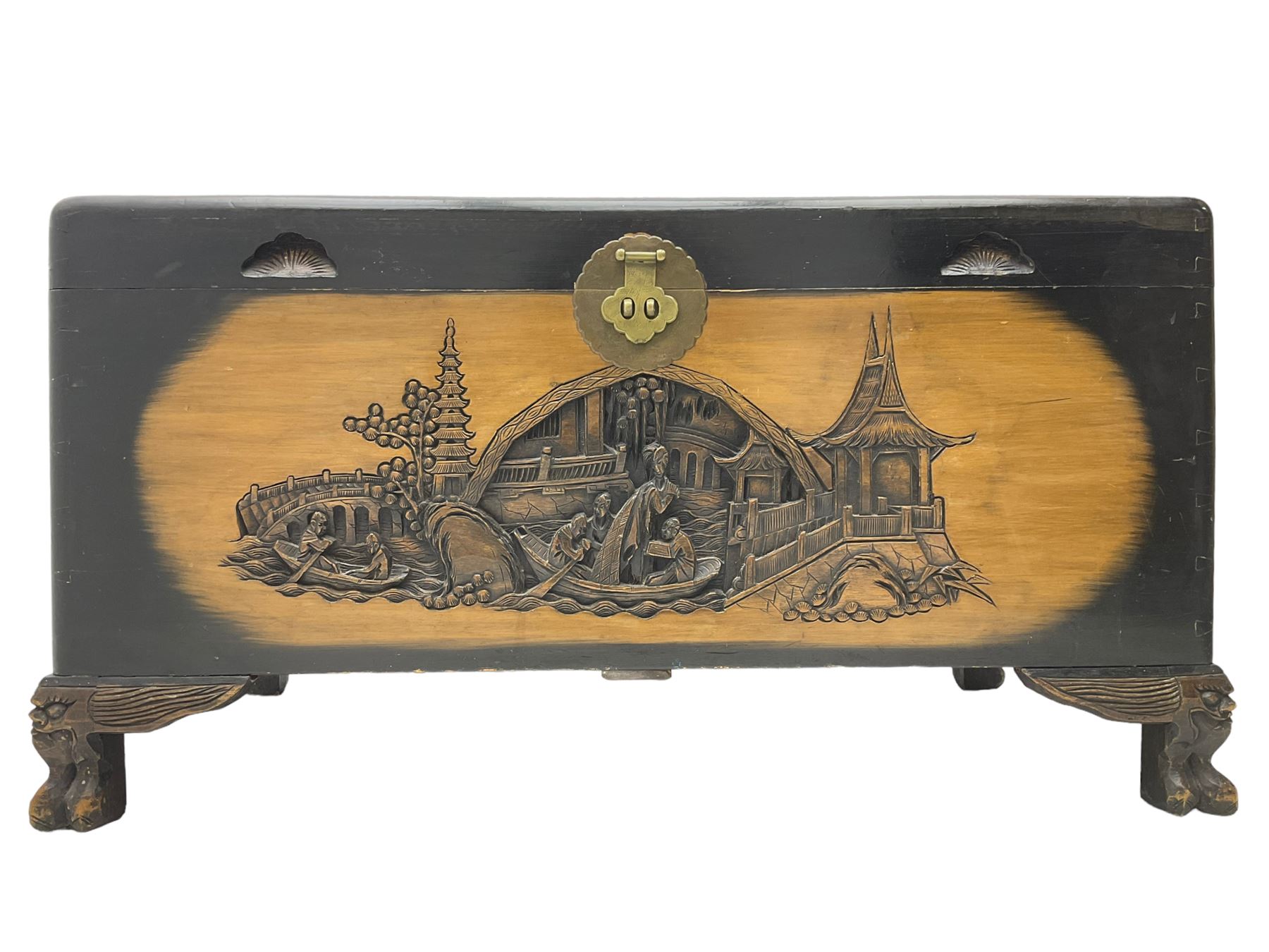 Singapore camphor wood blanket chest, rectangular hinged top with carved panel depicting traditional pagoda and river scenes