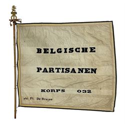 WW2 Belgian Partisan/Resistance two-sided banner embroidered in black on a cream ground 'Belgische Partisanen Korps 032 afd: Ph: De Bruyne' within a Belgian flag border; on wooden pole with gilded metal lion and laurel wreath finial