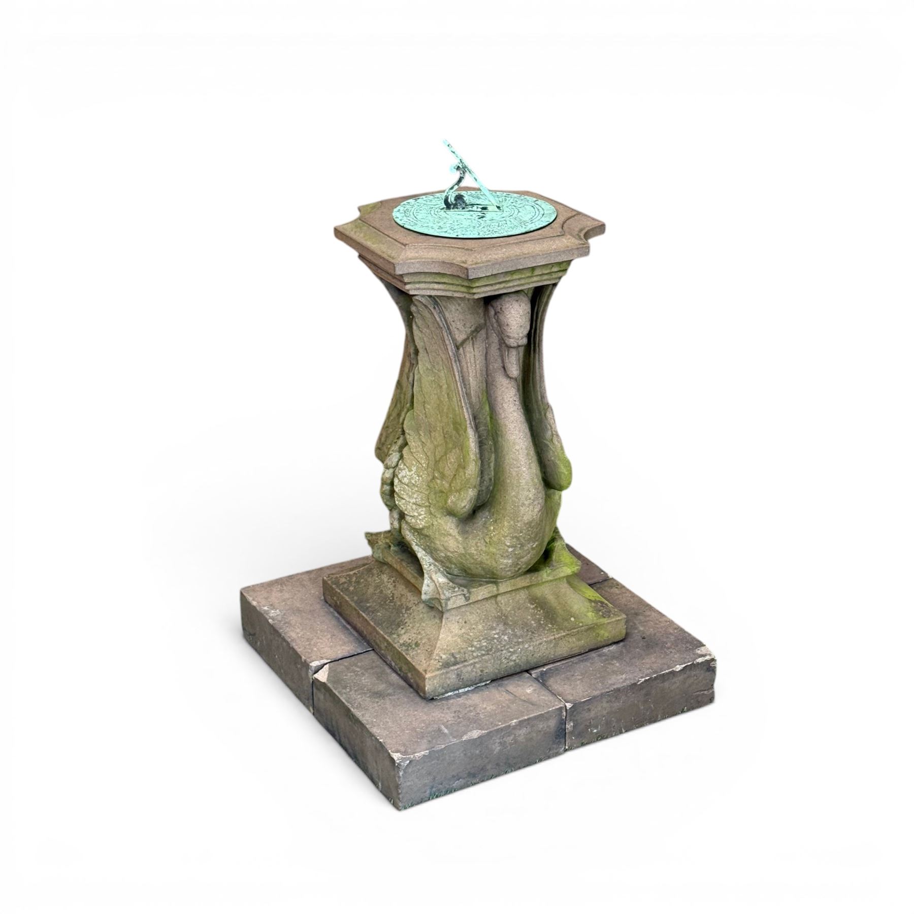 Late 20th century terracotta twin swan sundial, well figured seated back to back with shaped top, raised on four sectional base. Measurements exclude base.
Base: 60cm x 60cm