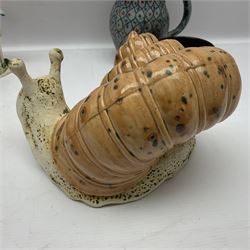 Collection of studio pottery, including John Egerton cup, Enchanted Ceramics snail, Rita Thomson mushrooms etc