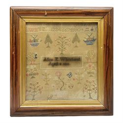 Victorian needlework sampler, depicting cat, peacock, tree and plant motifs, with a band of alphabet and numbers above, worked by Alice E Whitehead, aged eight years, dated 1886, framed, H40cm