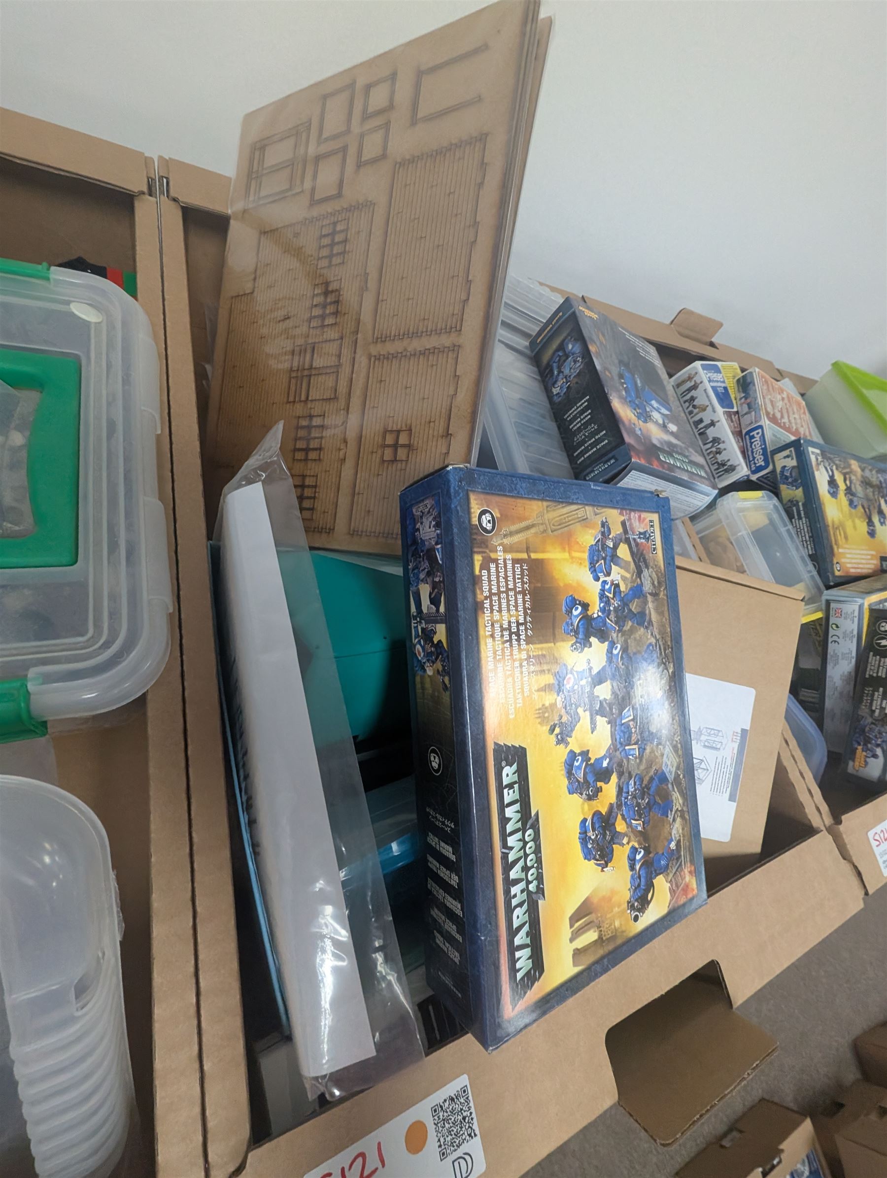 Collection of modelling equipment, kits, accessories, loose lego, including Games Workshop Warhammer 40000, military figures, etc, in four boxes, 