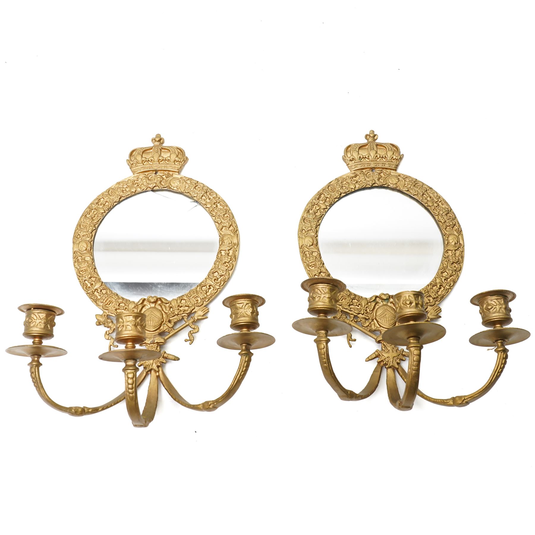 Pair of gilt metal three branch girandole, each surmounted by a coronet, H37cm (2)