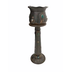 Early 20th century Bretby Art Nouveau Jardinière and stand, with applied cabochon detail, each with impressed mark beneath, jardinière H22.5cm D28cm, overall including stand H94.5cm