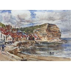  Rowland Henry Hill (Staithes Group 1873-1952): Cowbar Nab from Seaton Garth - Staithes, watercolour signed 24.5cm x 34cm 
Provenance: with T B & R Jordan Fine Art Specialists, Stockton on Tees; with Walker Galleries, Harrogate, label verso