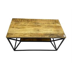Contemporary hardwood and wrought metal two-tier X-framed coffee table