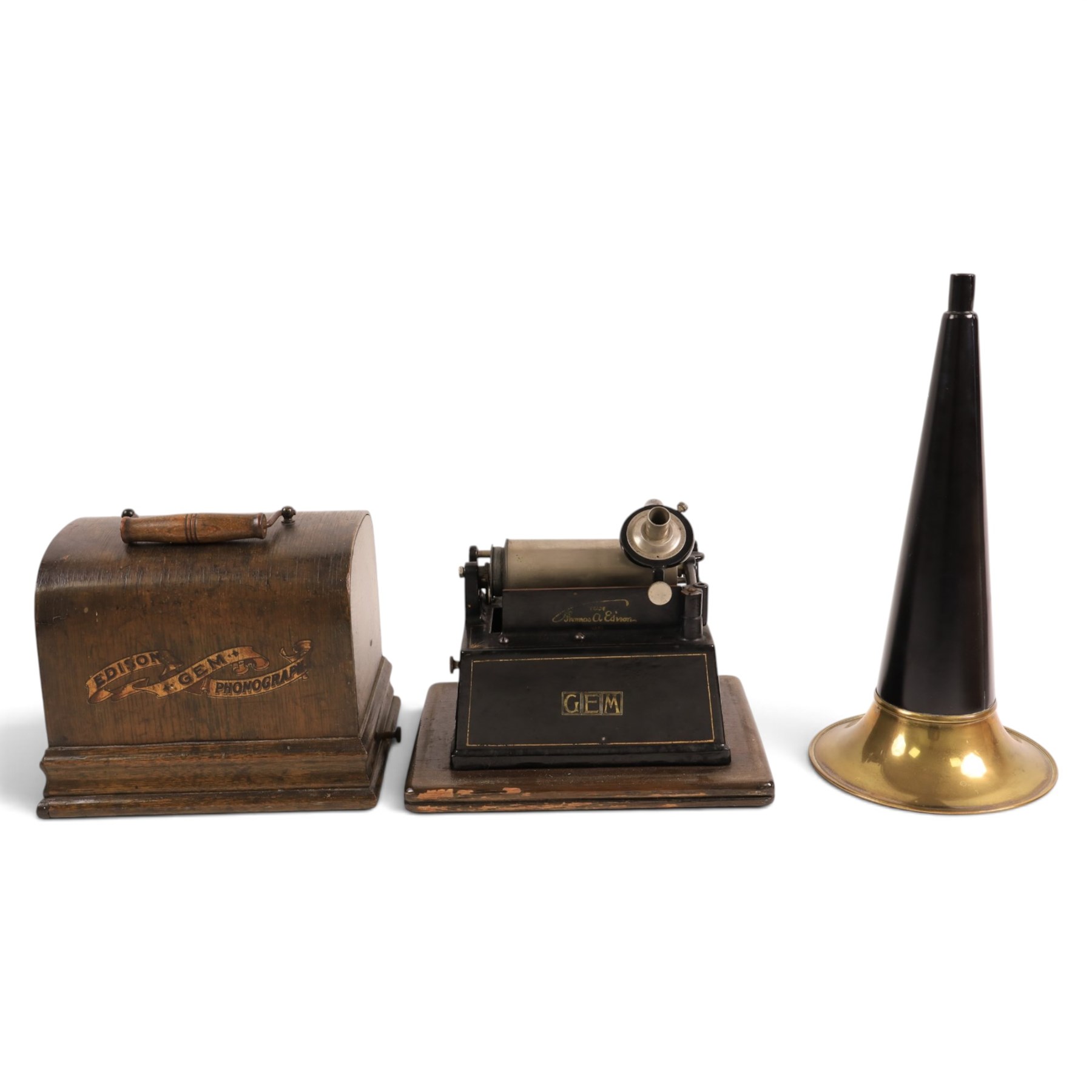 Early 20th century Edison GEM phonograph, in oak case, serial number G72256, with brass and black horn and a collection of wax cylinders