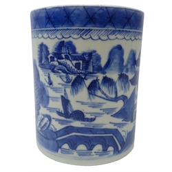  18th century Chinese blue and white tankard decorated with Pagodas in river landscape, double entwined strap handle with ruyi head mounts, H14cm   
