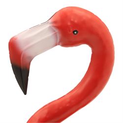 Pair of contemporary pink painted metal flamingos, with elongated curved necks, black-tipped beaks and overlapping pierced metal plumage, on long slender legs terminating in three-toed feet, modelled in differing poses