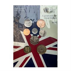 Six The Royal Mint United Kingdom uncirculated coins or sets, comprising  2008 'Queen Elizabeth I' five pounds, 2010 twelve coins, 2012 'Definitive' eight coins, 2013 'Definitive' eight coins, 2014 'Definitive' eight coins and 2015 'The Fourth Circulating Coinage Portrait Final Edition' eight coins, all in card folders