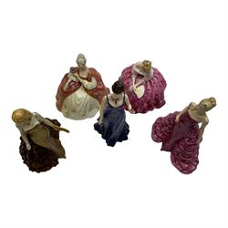 Two Royal Doulton figures, Victoria HN2471 and Wistful HN2396, together with three Royal Worcester figures Sappier, Amber and Claudia 