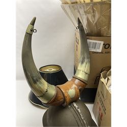 French Adrian helmet and cow horn gong stand; and quantity of lamp shades, etc, helmet H47cm