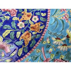 18th/19th century Chinese Canton enamel basin, the circular basin with flat everted rim, decorated with scrolling foliate and fruit decoration on a blue ground, D43cm