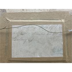 Manner of Thomas Gainsborough (British 1727-1788): Horses Resting in the Shade, watercolour unsigned, indistinctly inscribed verso 9cm x 14cm 
Notes: Compositionally very similar to another Gainsborough pastel, 'Wooded Landscape with Peasant Asleep and Horses outside a Shed' in the Tate. 