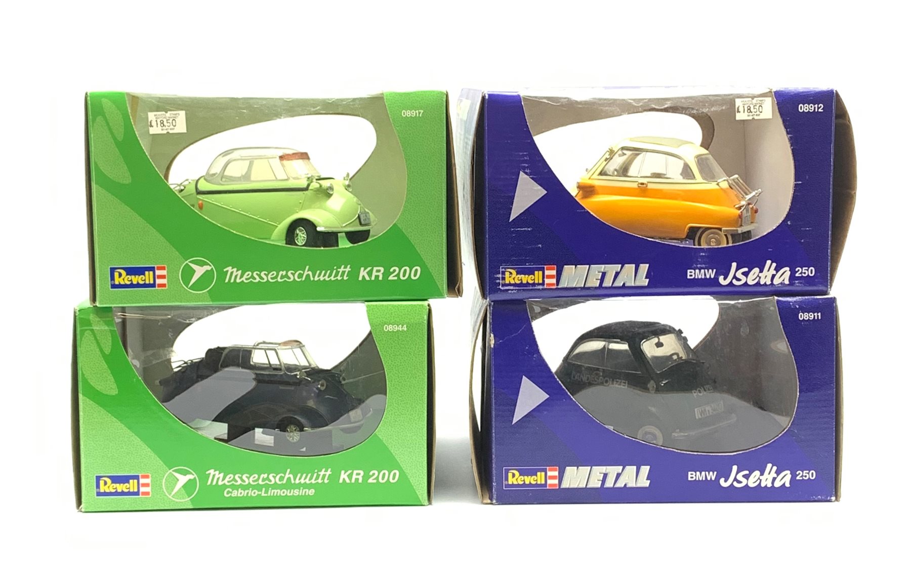 Four Revell Metal 1:18 scale die-cast models of bubble cars comprising two BMW Isetta 250 and two Messerschmitt KR200, all boxed