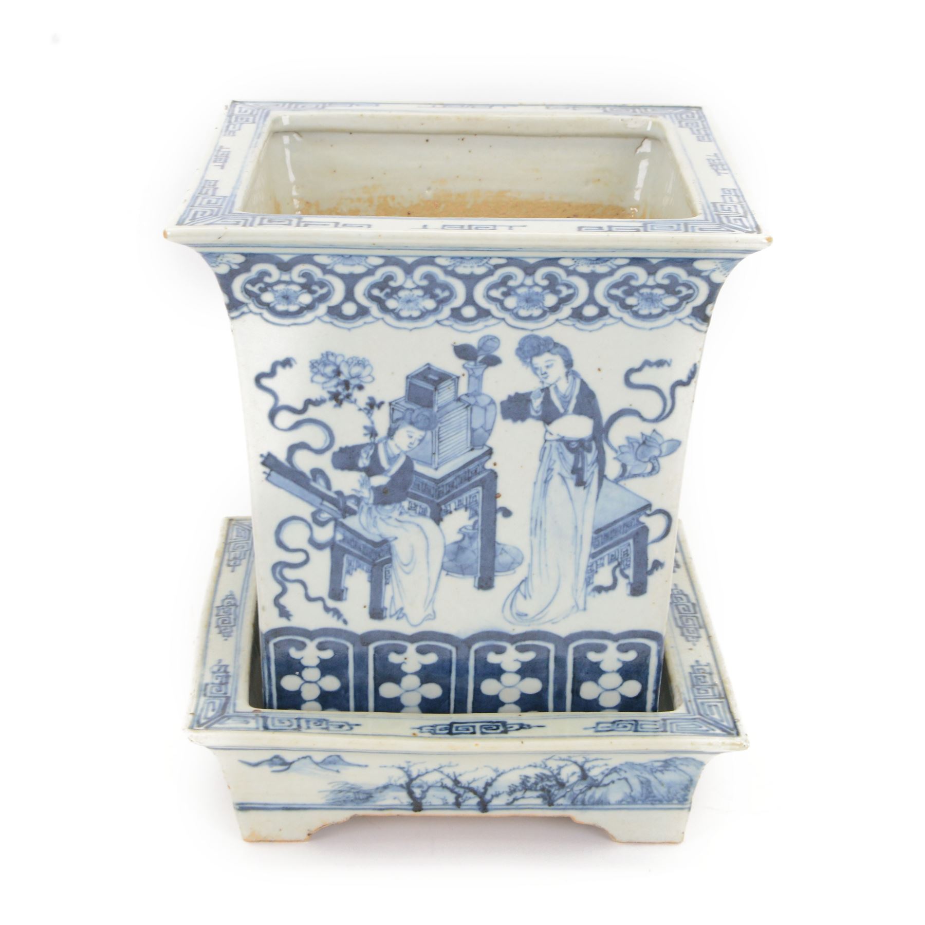 19th century Chinese blue and white planter and stand, each of square slightly tapering and flared form, the planter decorated with figures and precious objects between stylised foliate borders, the stand decorated with landscapes beneath a lipped rim with cell band, planter H28cm D25.5cm, stand H7cm D26cm