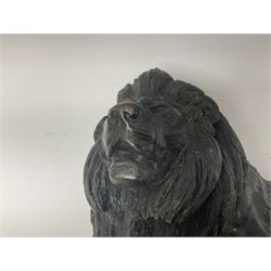 After Paul Edouard Delabrierre (French, 1829-1912), bronze, model of a lion, upon an oval base, signed E Delabrierre, overall H29.5cm, L46cm