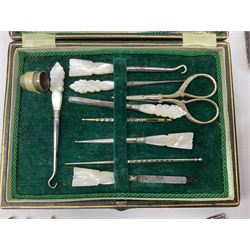 Cased set of carved bone sewing instruments housed in a case depicting North Bay Scarborough, together with five other cased sew instruments and a number of other accessories  