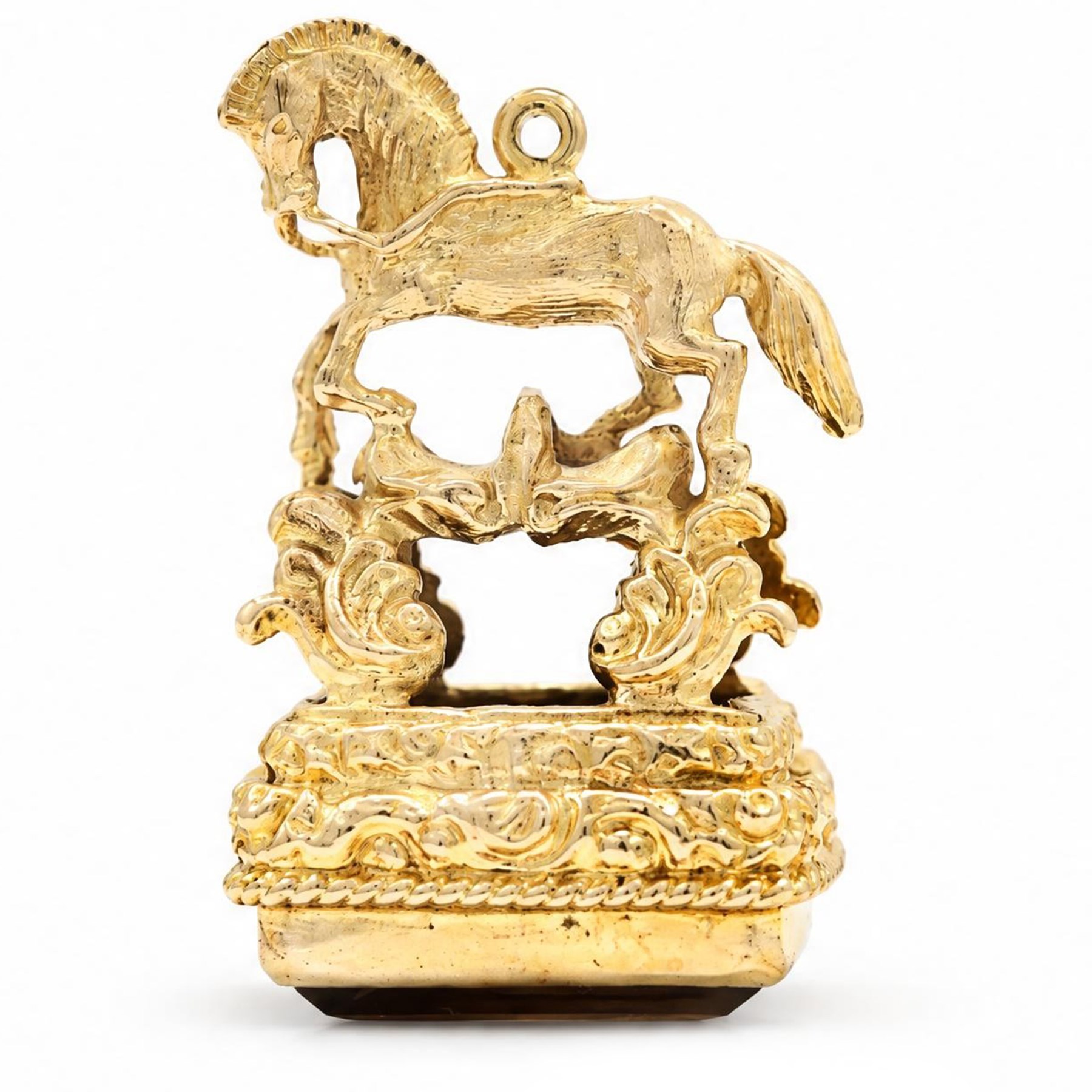 9ct gold smokey quartz horse pendant / fob, hallmarked