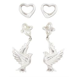 Tiffany & Co two pairs of silver stud earrings including pendant dove earrings designed by...