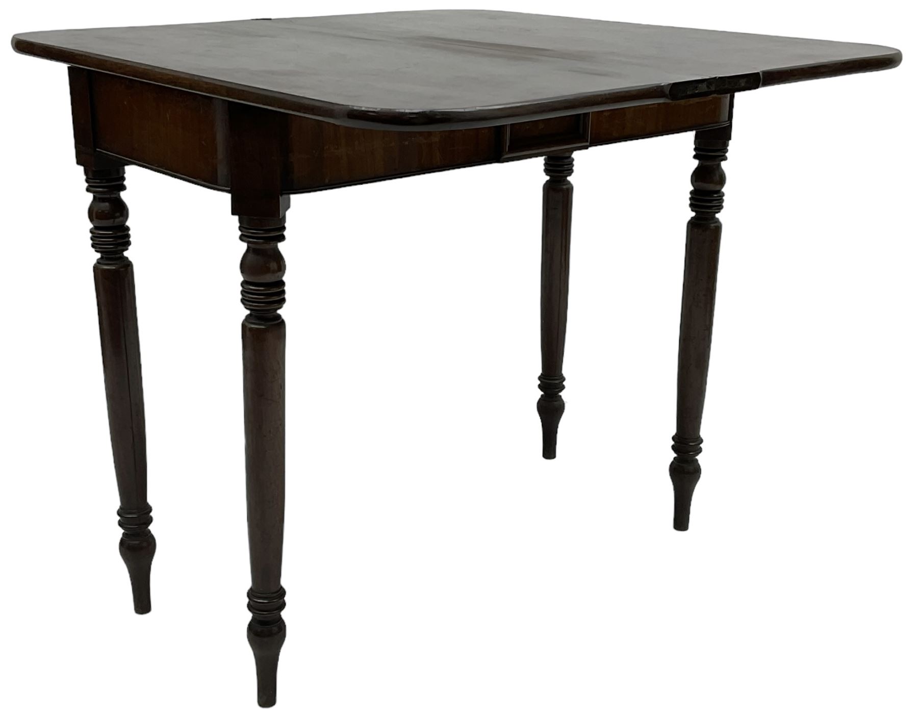Victorian mahogany tea table, rectangular swivel fold-over top with rounded corners, on ring turned supports 