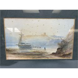 M Grainger (British early 20th century): Beached Ship and Scarborough Castle, watercolour signed and dated 1911, 15cm x 25cm