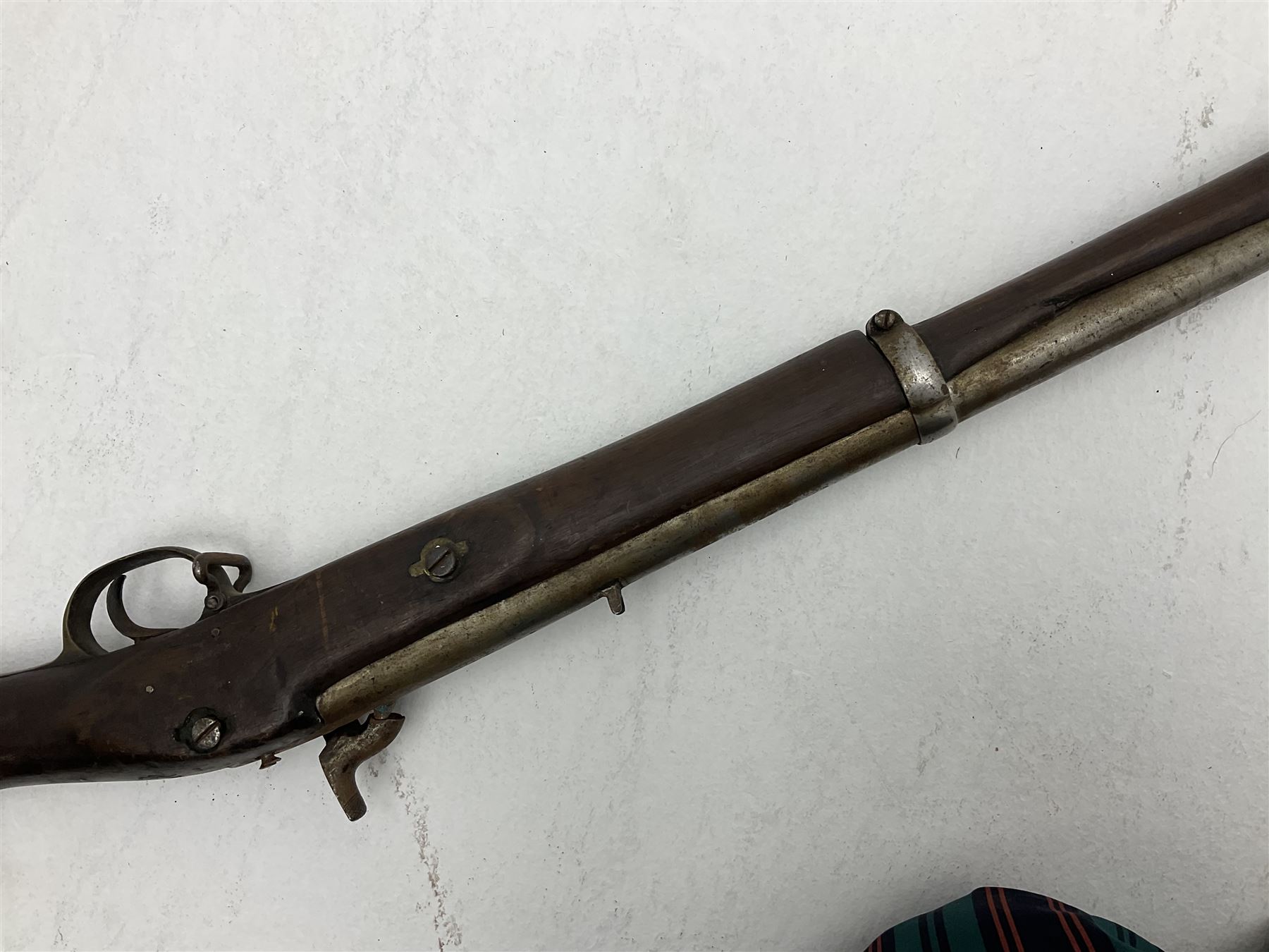 20th century Indian percussion military musket, approximately 20-bore, the 96.5cm barrel with three bands, the steel lock-plate marked 1862 Enfield, walnut full stock with brass fittings and under barrel ramrod channel L140.5cm overall