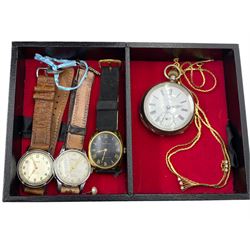 9ct gold jewellery including pigeon medallion, wristwatch, single earring, ring, simulated pearl earrings and cameo brooch, silver lever pocket watch, three wristwatches including Timex and Kienzle, silver coin bracelet and collection of costume jewellery