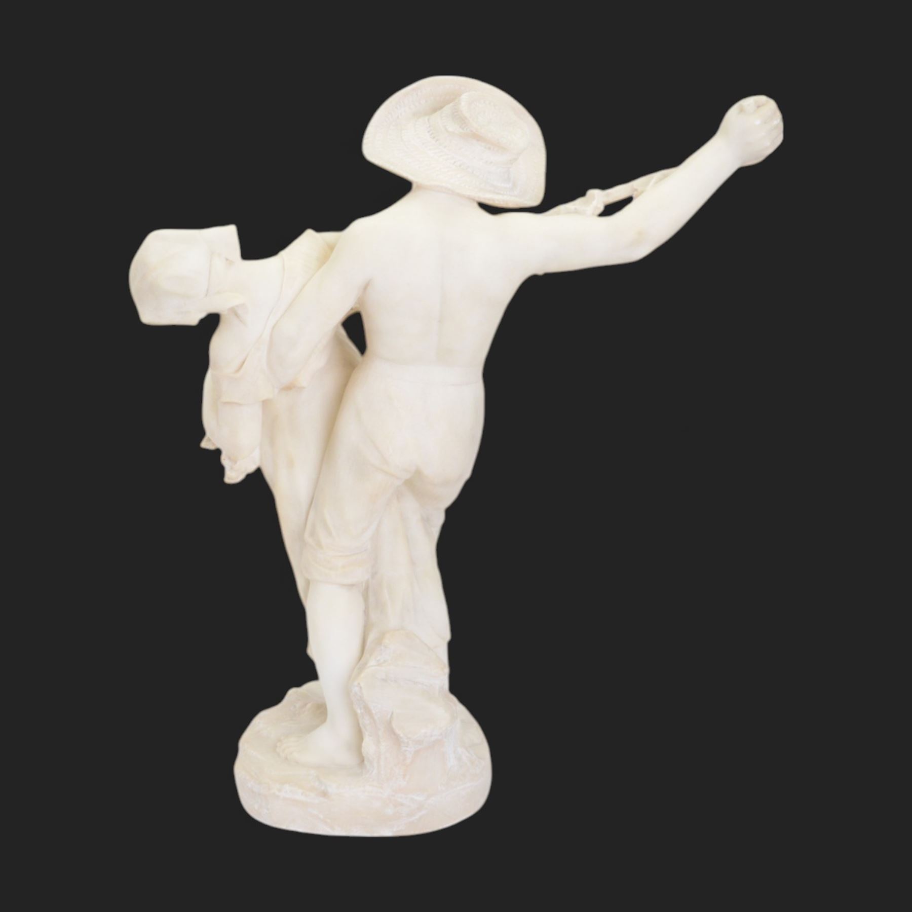 Alabaster bacchanalian figure group, modelled as two youths dancing entwined with a fruiting vine, the separate base signed D E Fiaschi, H58cm