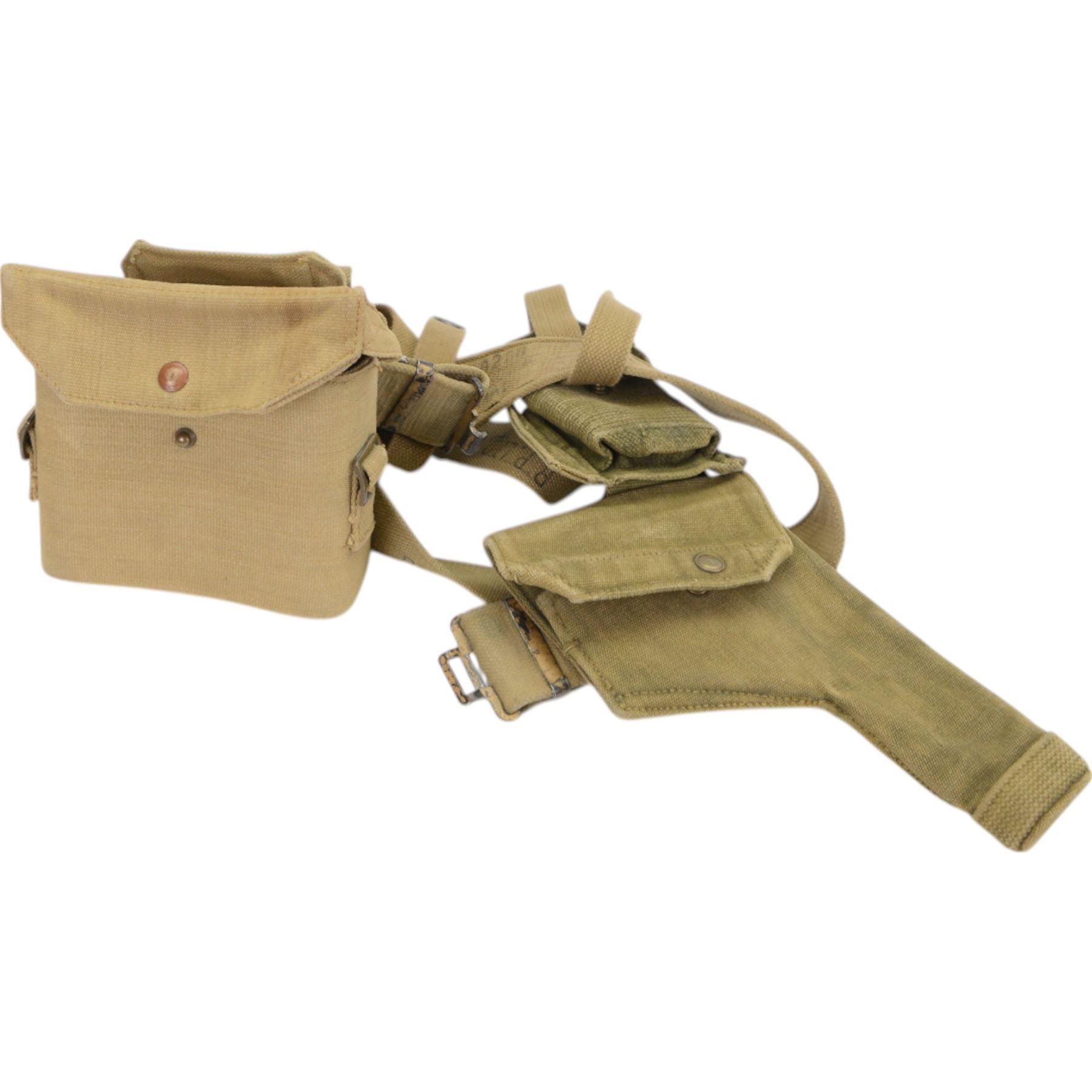 WWII and later British Army issued webbing, including gaiters, belt, with holster, ammunition case and binocular case attached etc 