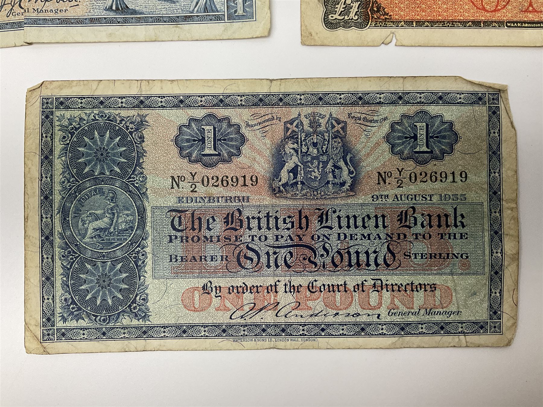 Glasgow, Clydesdale and North of Scotland Bank Limited one pound banknote 1st March 1952 ‘E312010’, The National Bank of Scotland Limited one pound 1st October 1954 ‘B/K 997-929’ and Edinburgh The British Linen Bank one pound 9th August 1955 ‘Y/2 026919’