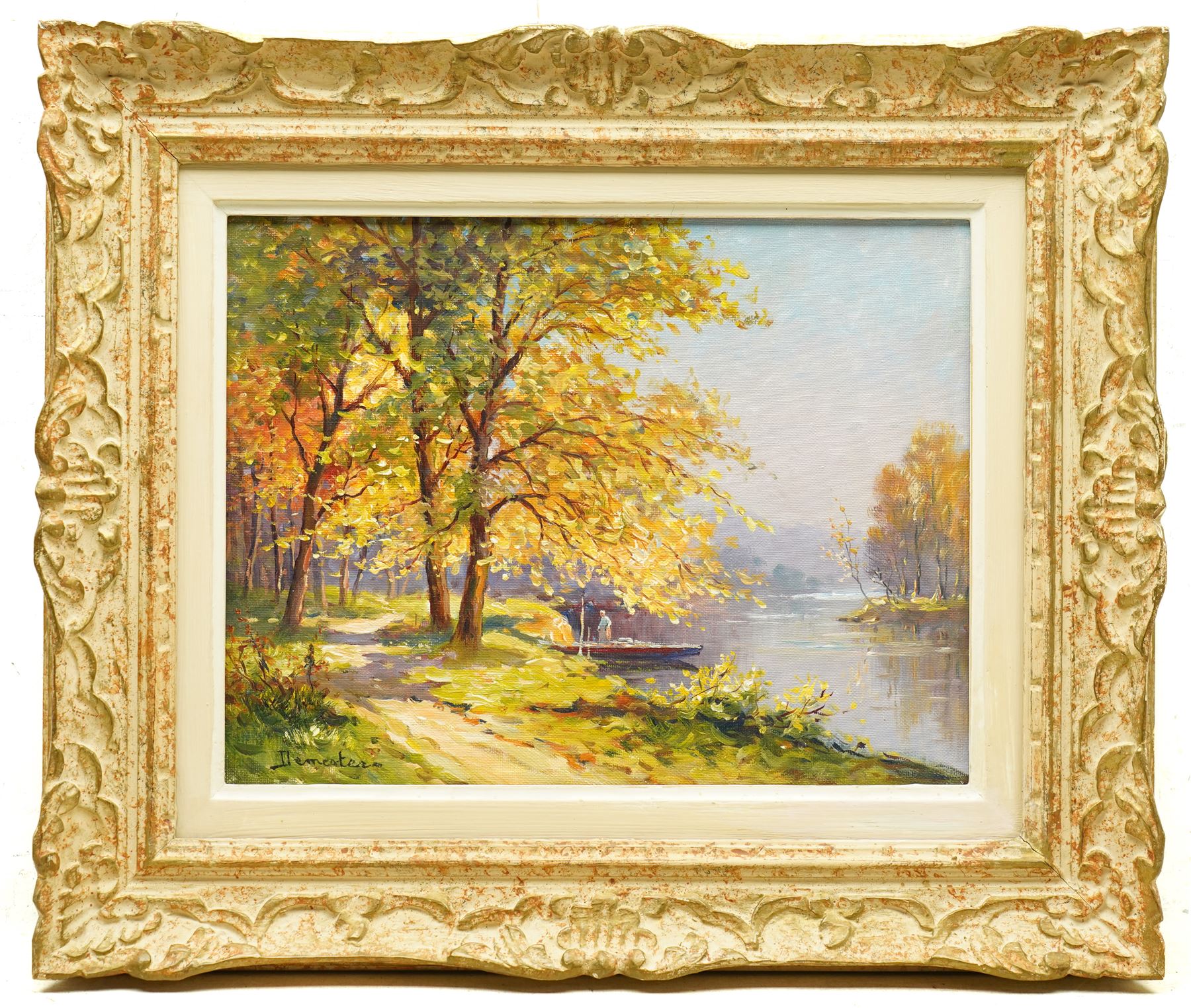 Eugene Demester (French 1914-1984): Autumnal Lakeside Landscape, oil on canvas signed 26cm x 34cm