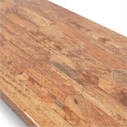 Spanish design hardwood and wrought iron console or side table, parquetry top over splayed shaped end supports united by wrought iron stretcher 