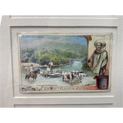 Six original illustrations for Liebig cards, mounted within a gilt frame, frame 71cm, W27cm